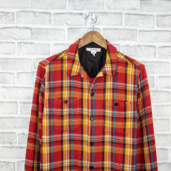 FRAME Denim Men's Button up Flannel Shirt Jacket in Dark Rouge multi cotton sz S - Picture 5 of 8